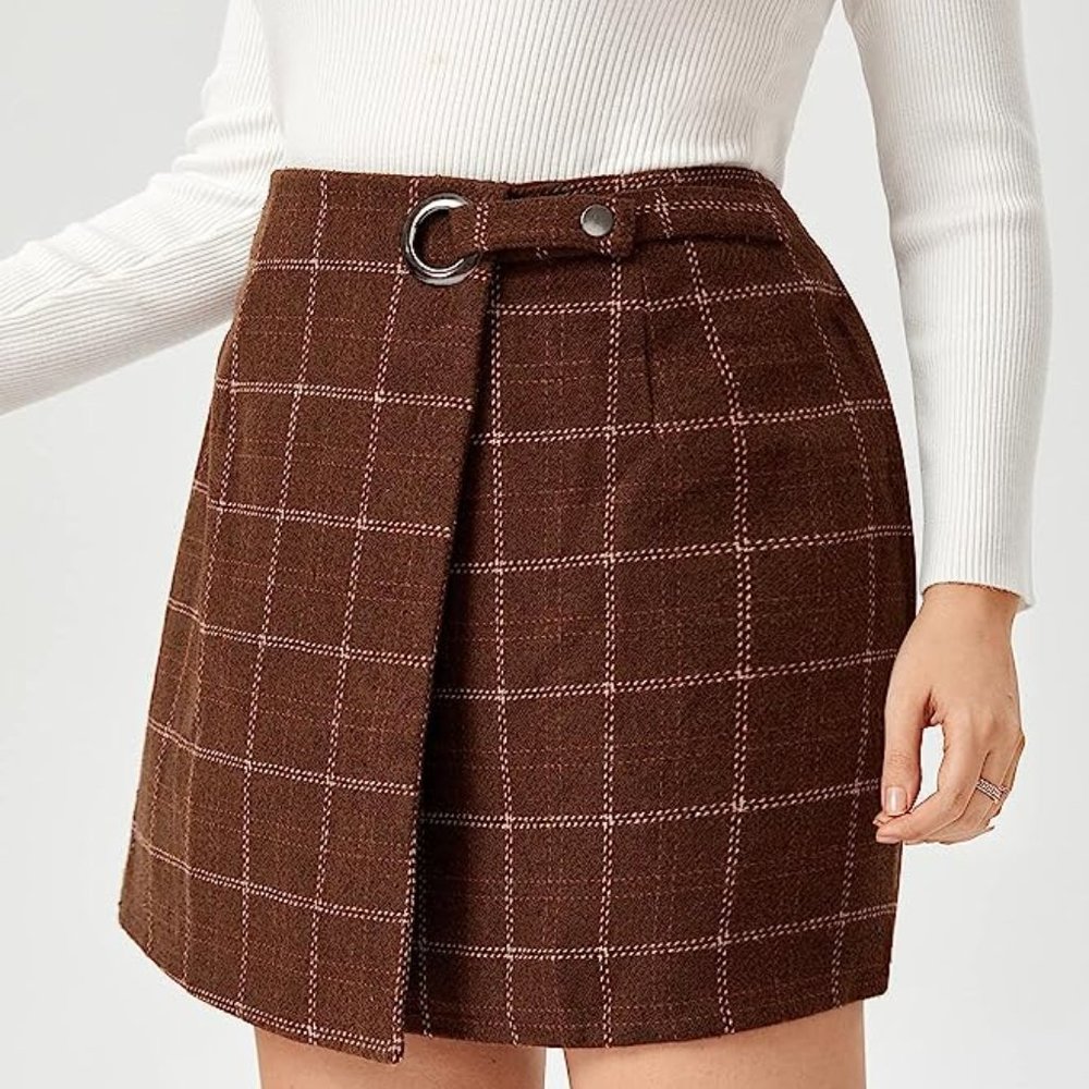 !! LIKE-NEW Brown Plaid Mini Skirt (Wool Wrap Skirt) with Adjustable Waist !!